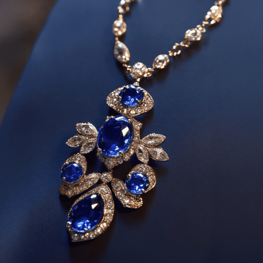 Image showcasing a retro gold and sapphire cocktail necklace from the 1930s and 1940s