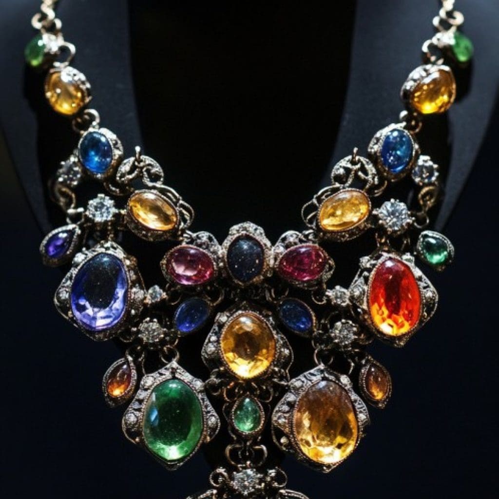 Image showcasing retro gemstone cocktail necklace on display from the 1930s and 1940s