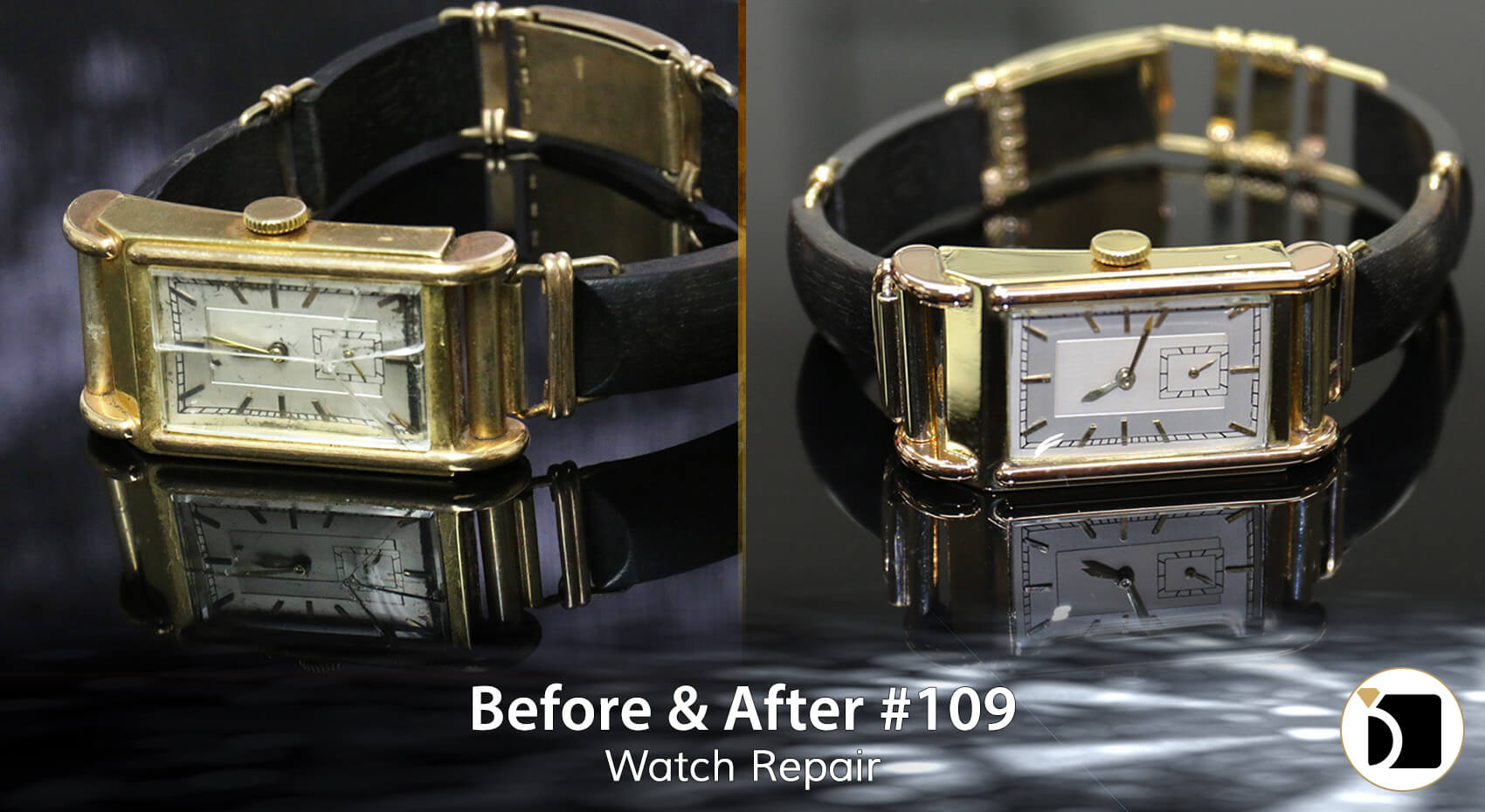 Before & After #109 Image Showcasing a Vintage Jules Jurgensen 19 Jewel watch repair. Before After 109