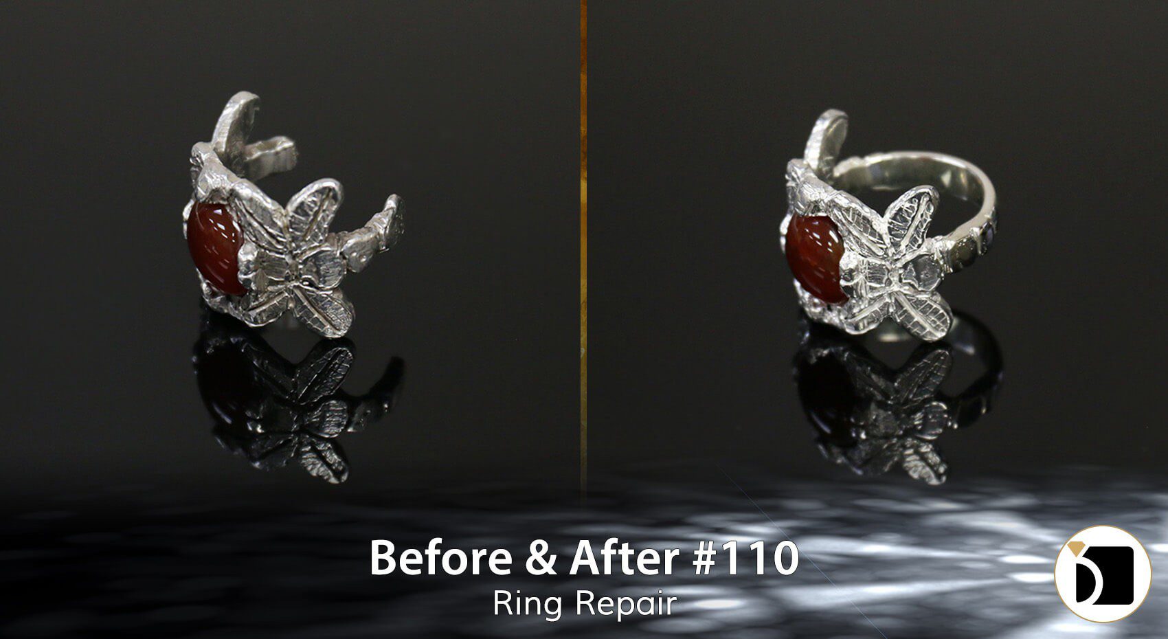Before & After #110 Image Showcasing a silver shank ring repair. Before After 110
