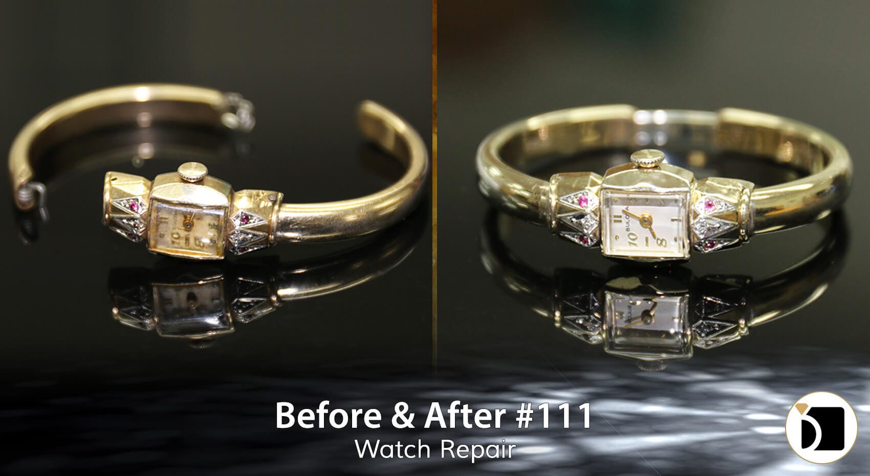 Before & After #111 Image Showcasing a Bulova Watch Crystal Repair Model Number 12 Serial Number 223604. Before After 111