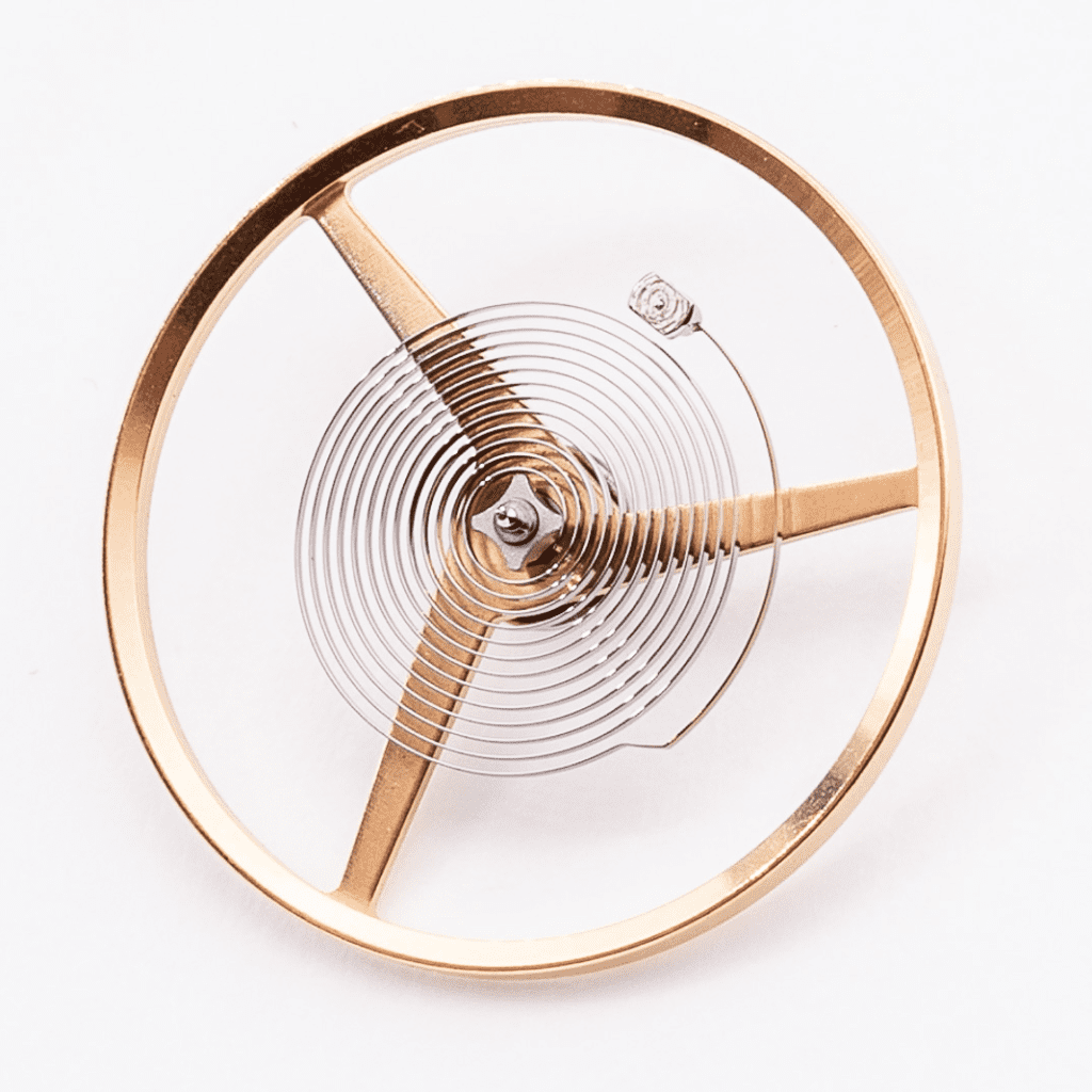 Infographic showing watch mainspring and balance wheel on white background