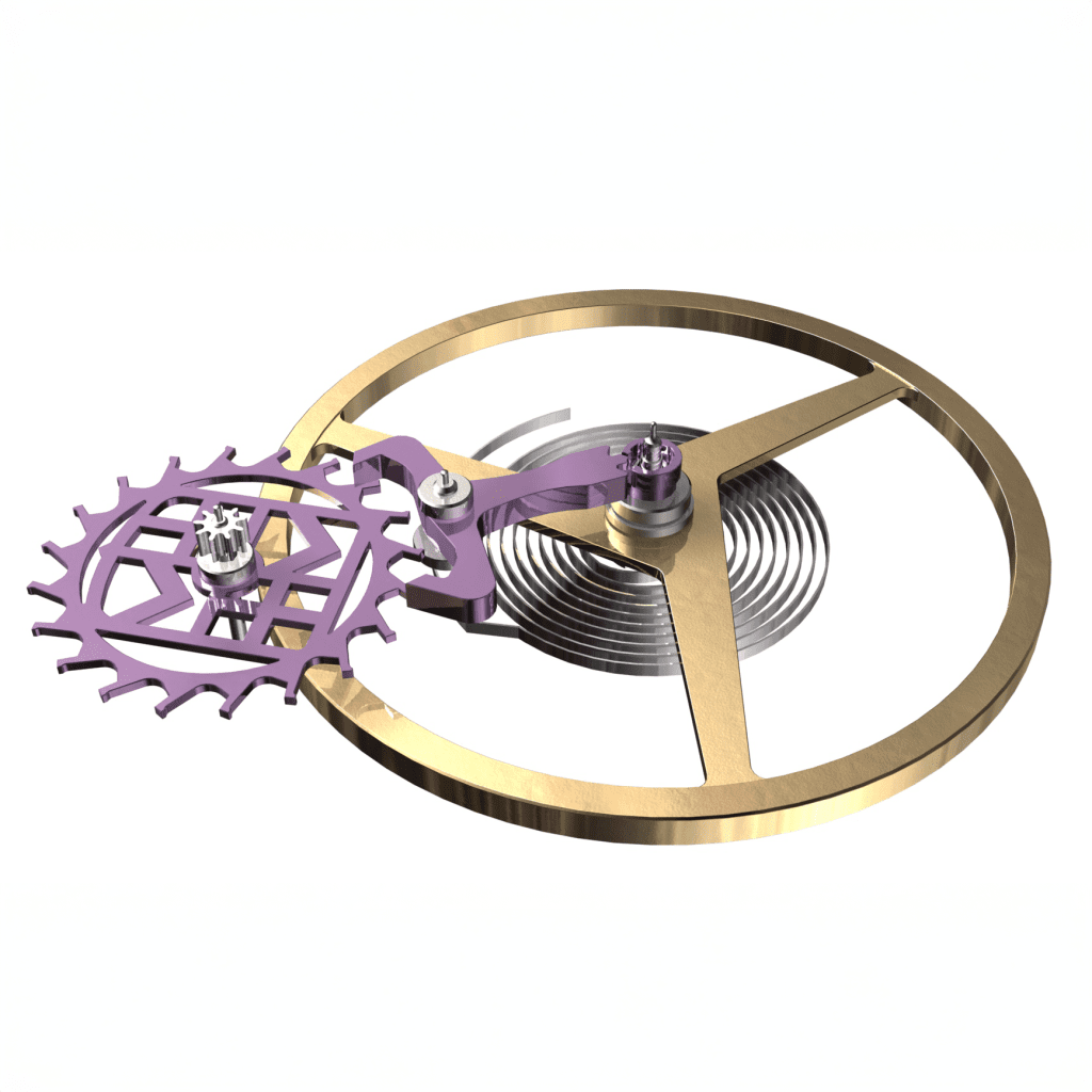 Infographic showing watch escapement, mainspring, and balance wheel on white background