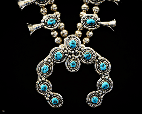 Restored Native American Turquoise and Silver Squash Blossom Jewelry Necklace