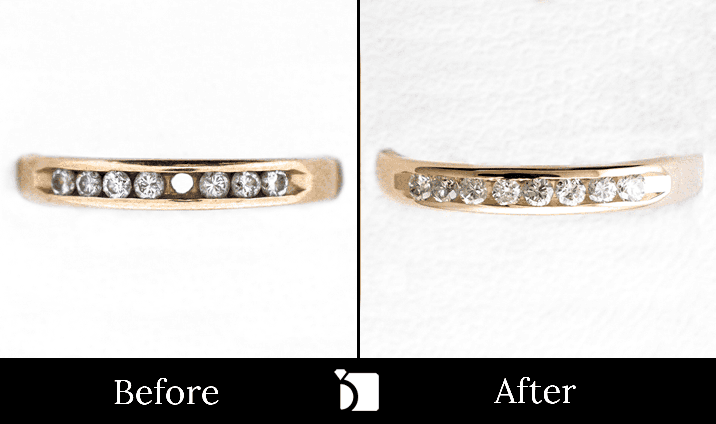 Image Showcasing Before & After #4 of a Gold Ring with Diamond Gemstones Getting Premier Ring Repair Services by Master Jewelers