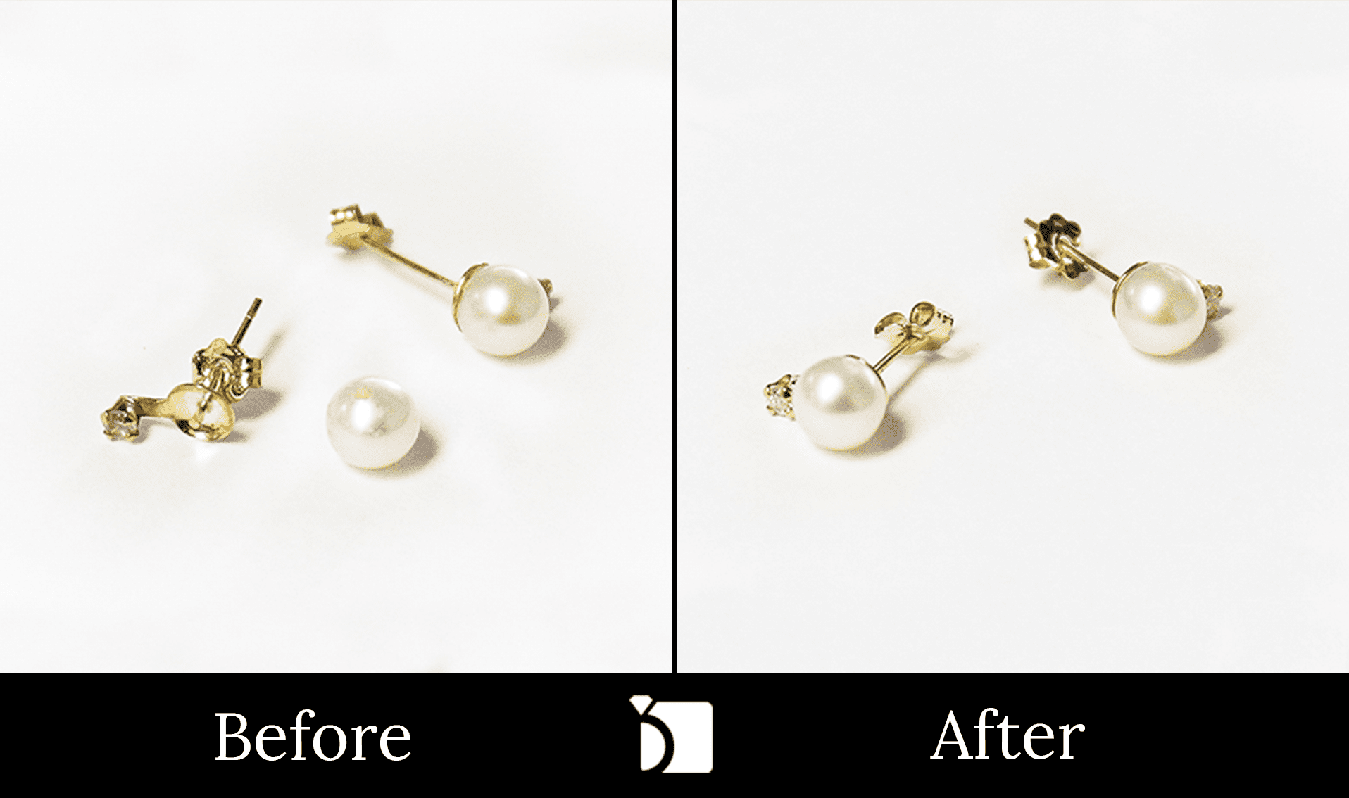 Image showing the Before & After #98 of a Pearl Gold Earrings Set Being Restored Through Pearl Gemstone Replacement and Premier Earrings Services