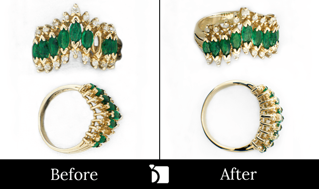 Before & After #121 of a unqiue Emerald and Diamond Gold Ring Requiring Gemstone Replacement
