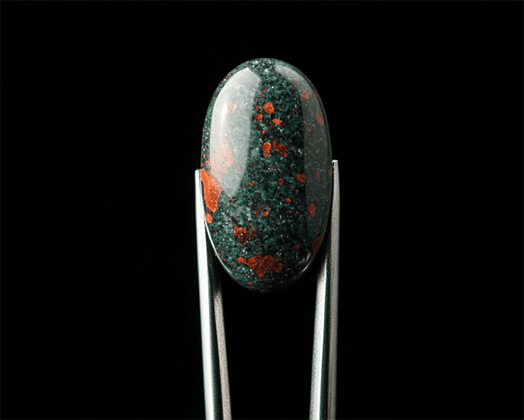 Loose Polished Green Heliotrope with Red Spot Splatter Held with Jeweler's Tweezers