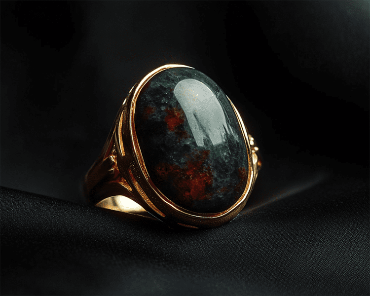 Restored Heliotrope Bloodstone Gold Ring Displayed on Black Silk