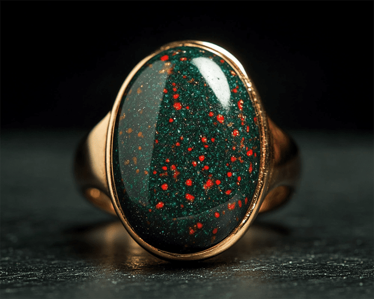 Restored Heliotrope Bloodstone Gold Ring Displayed on Marble Table