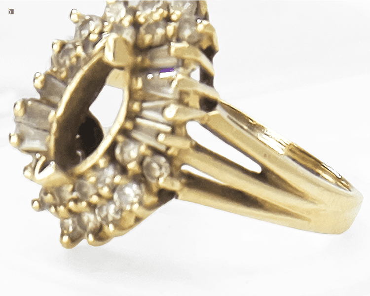 Before #155 Close Up of 14kt Gold Ring Missing Main Emerald Gemstone Prior to Restoration Services