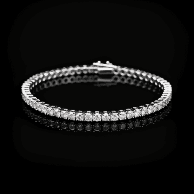 Photo of white gold tennis bracelet on black background.