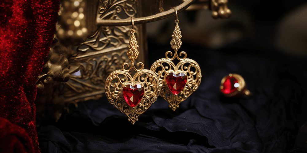 Restored Gold Ornate Red Gemstone Earrings Hanging and Displayed for Valentine's Day 2024 Featured Image