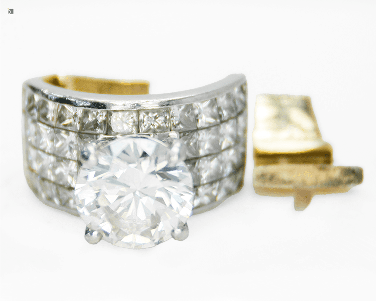 Before #157 Front View of Invisible Set Diamond Ring with Broken Piece on the Side