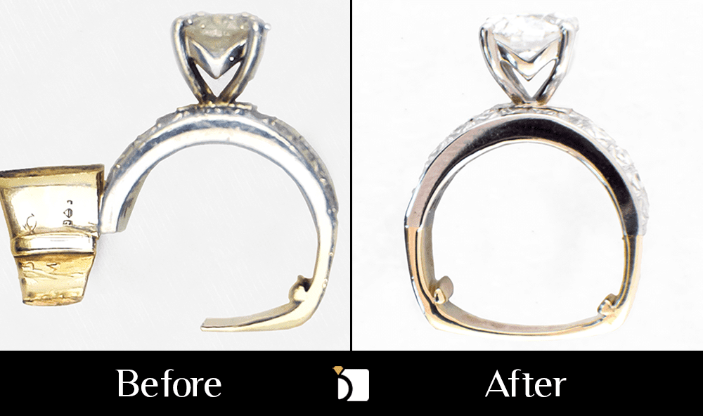 Before & After #157 Diamond Engagement Ring with Two Tone Band and Stabilizing Bars Being Restored by Master Jewelers