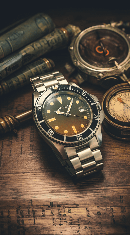 Photo showcasing 1920s Rolex dive watch on desk