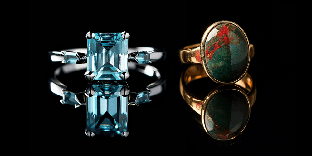 March Birthstones Blue Aquamarine and Bloodstone Restored Gemstone Rings Reflected on Black Background