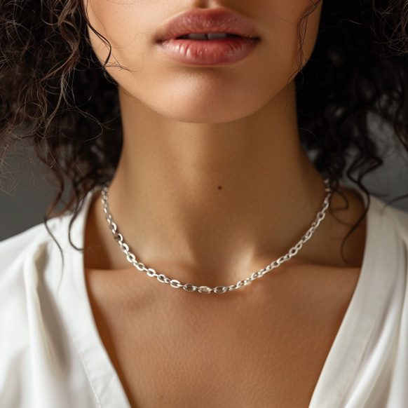 Photo of silver chain necklace on woman's neck