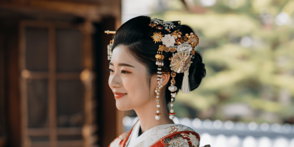 Japanese bride wearing traditional kanzashi headpiece and kimono