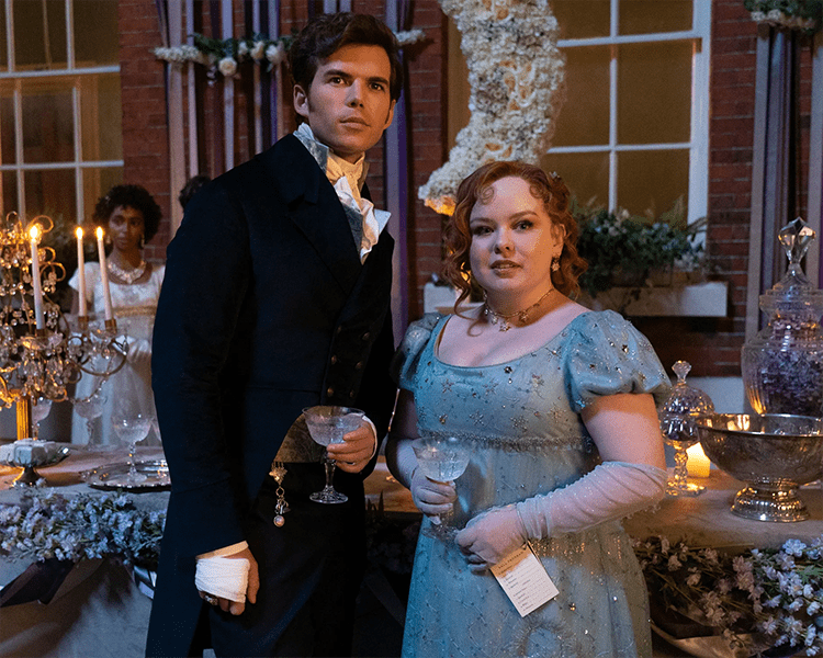 Colin Bridgerton and Penelope Featherington with Makeover Standing with Lemonade Glasses at Ball