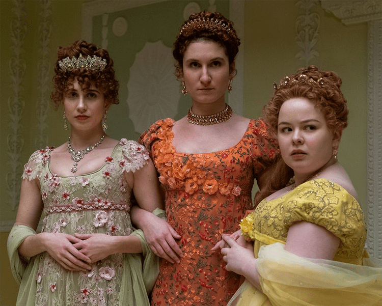 Philippa, Prudence, and Penelope Featherington Sisters Standing Together in Featherington House