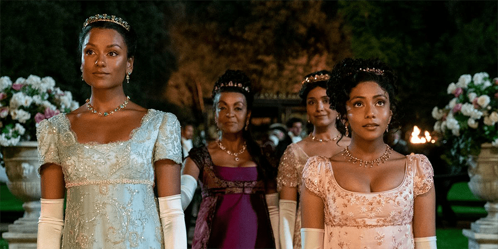 Kate, Edwina, and Mary Sharma accompanied by Lady Agatha Danbury all in Family Jewels Entering Ball