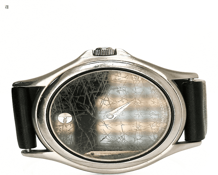 Before #163 Front Angle of Movado Museum Watch Showing All Crystal Scratches Prior to Replacement