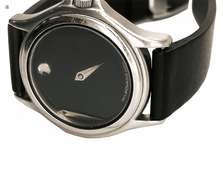 Before #163 Close Up Side Angle of Movado Museum Watch with Broken Hands Prior to Repair