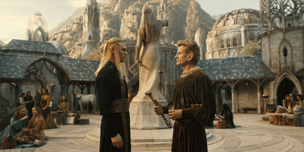 Sauron and Celebrimbor Standing Outside in Fake Reality of Eregion (via Amazon Studios)