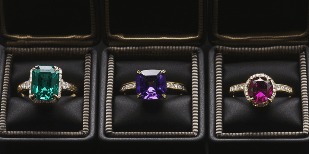 Image showcasing three gemstone rings in ring boxes