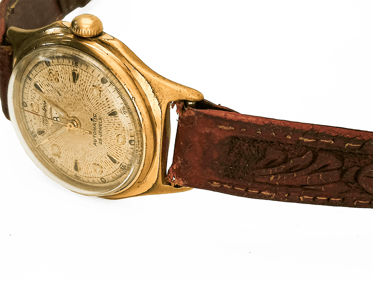 Before #171 Close Up Angled View of Vintage Automatic Montrose Watch Prior to Premier Restoration