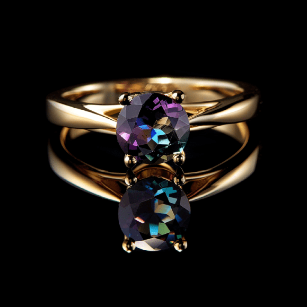 Image showcasing alexandrite ring on black background
