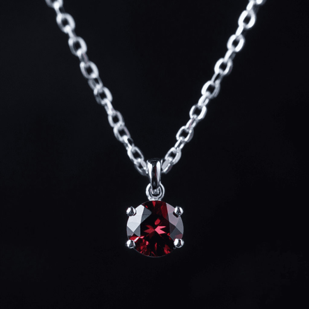 Image showcasing garnet pendant necklace on black background