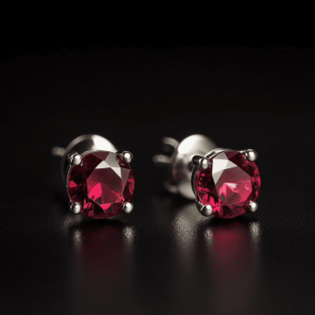 Image showcasing ruby stud earrings on black background