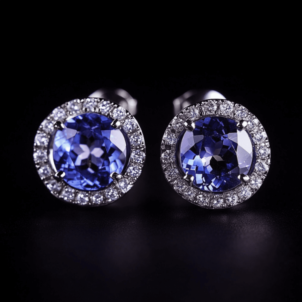 Image showcasing tanzanite stud earrings on black background