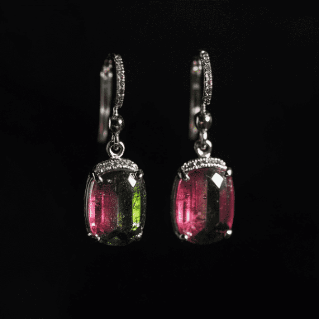 Image showcasing watermelon tourmaline earrings on black background