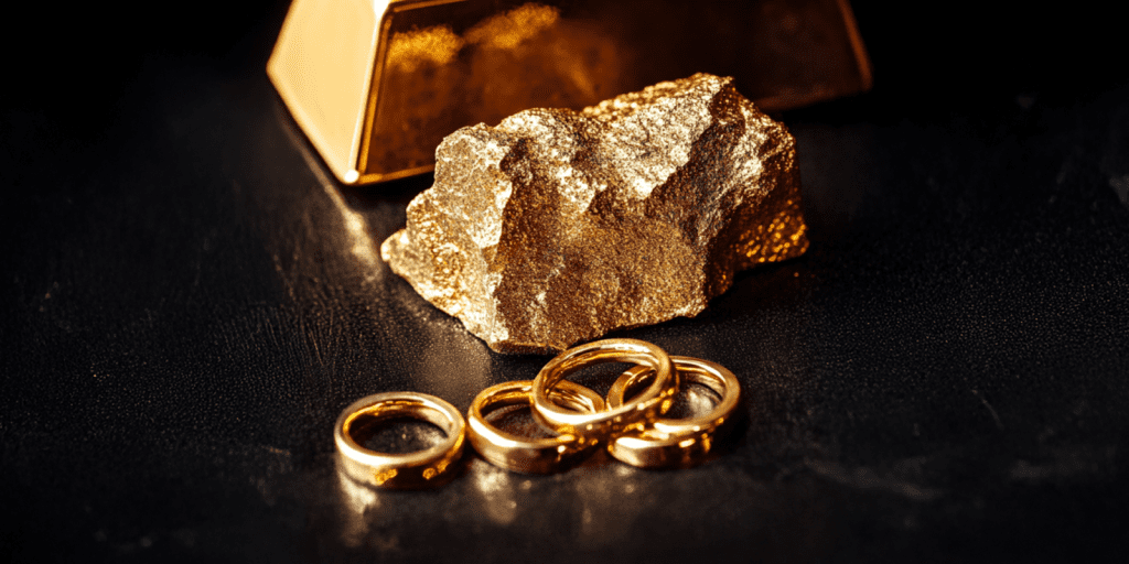 Image of gold bar, gold nuggets, and gold rings.