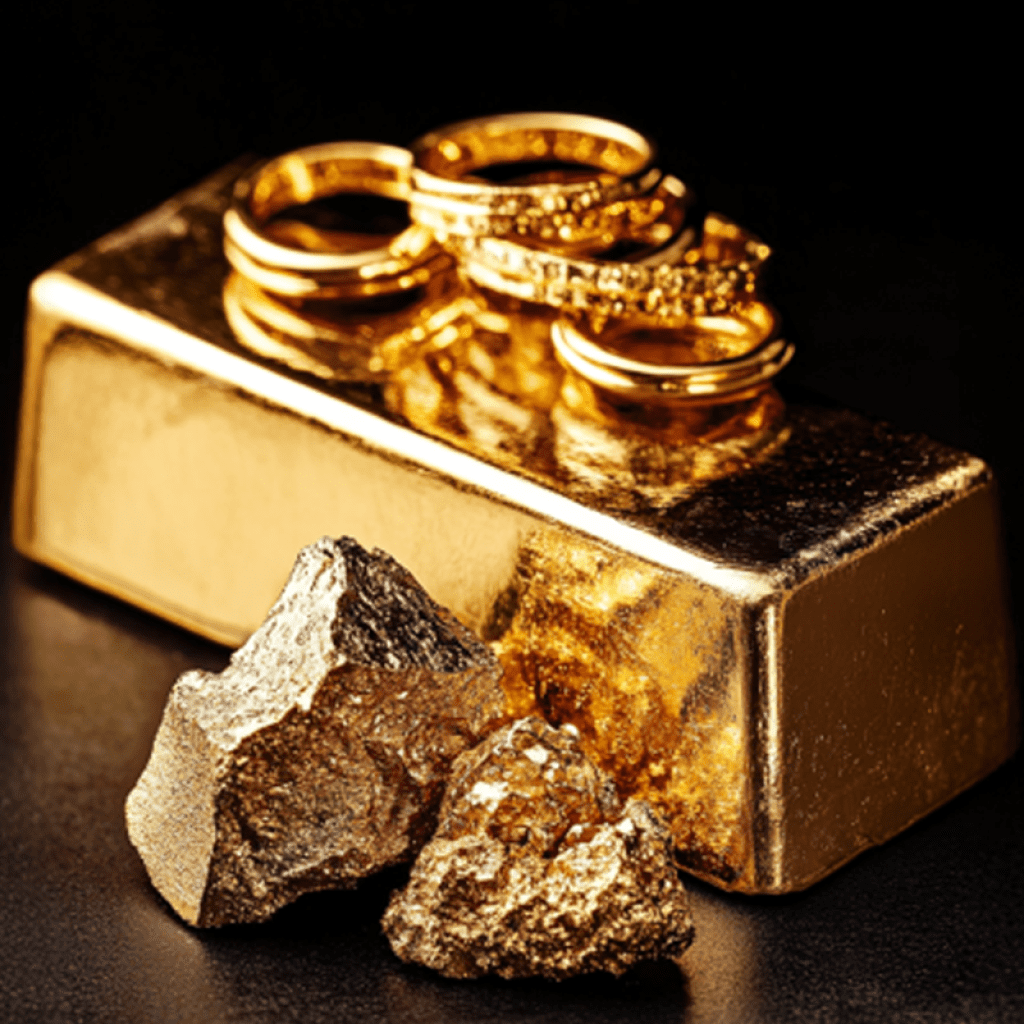 Image showing gold bar with gold rings on top of bar and gold nuggets next to the bar and rings.