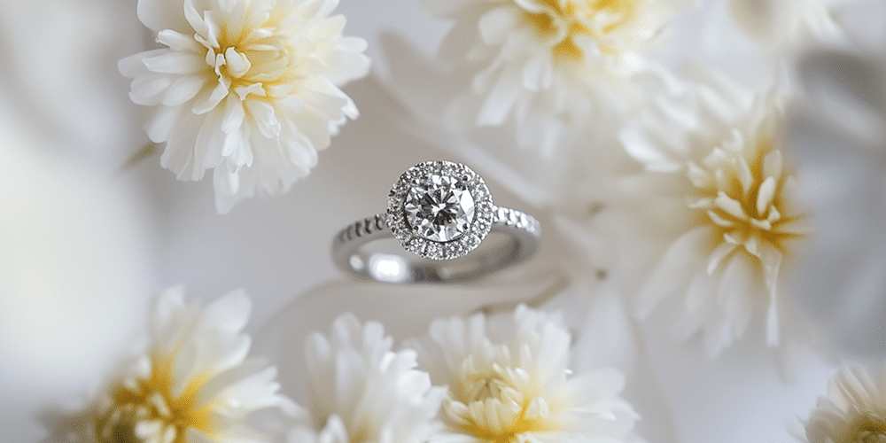 Restored Diamond Engagement Ring with Halo Cluster Displayed on White Silk Surrounded by White and Yellow Flowers