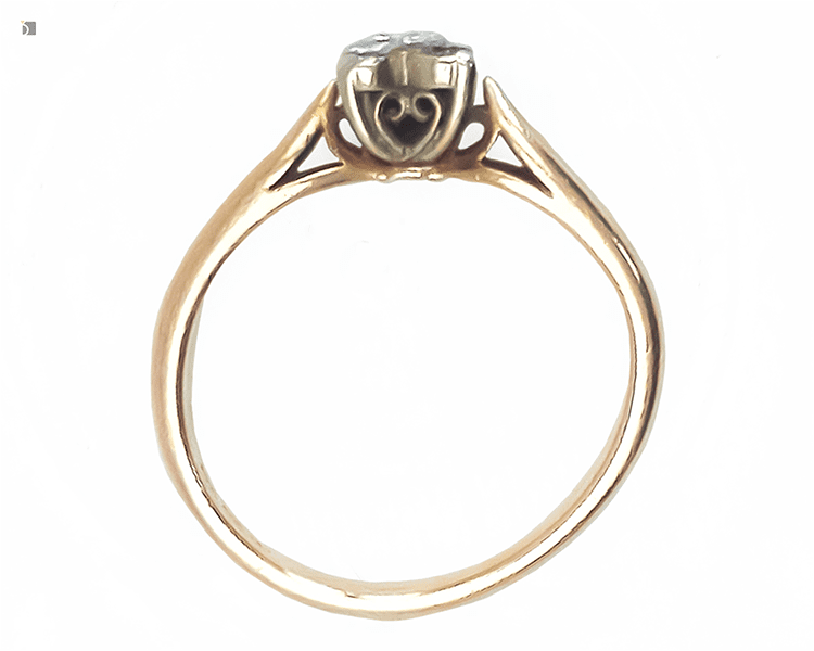 Before #173 Top view of 14kt yellow gold diamond ring with bent shank prior to repair services