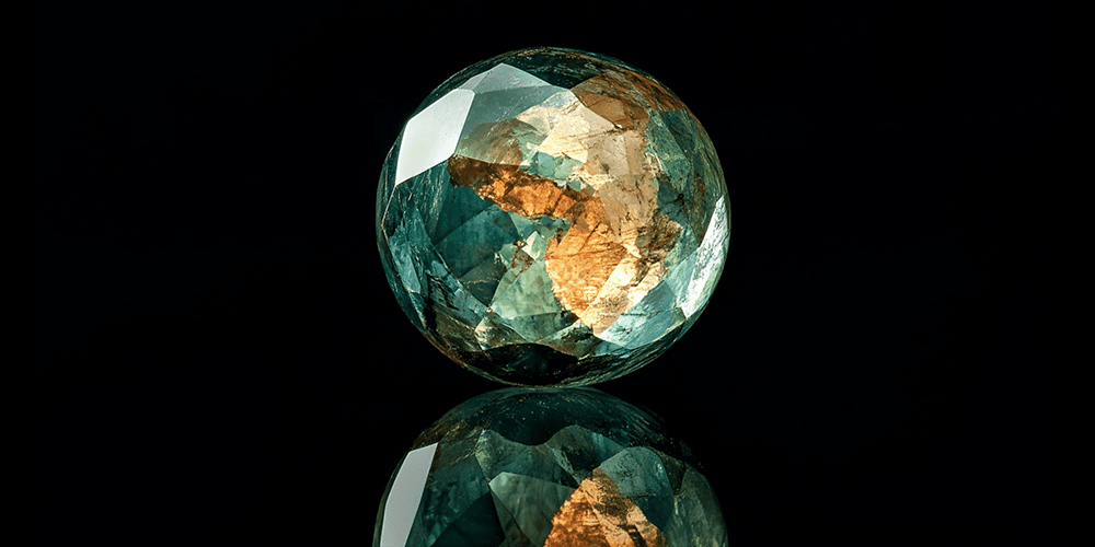 Loose blue gemstone referencing the planet Earth displayed and reflected against plain black background