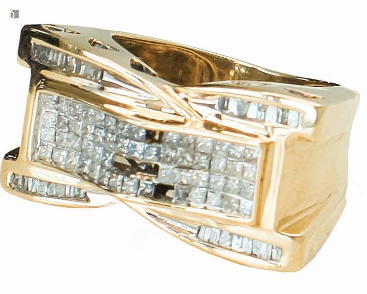 Before #174 Angled View of 14kt Gold Invisible Setting Diamond Ring Prior to Master Jeweler Services