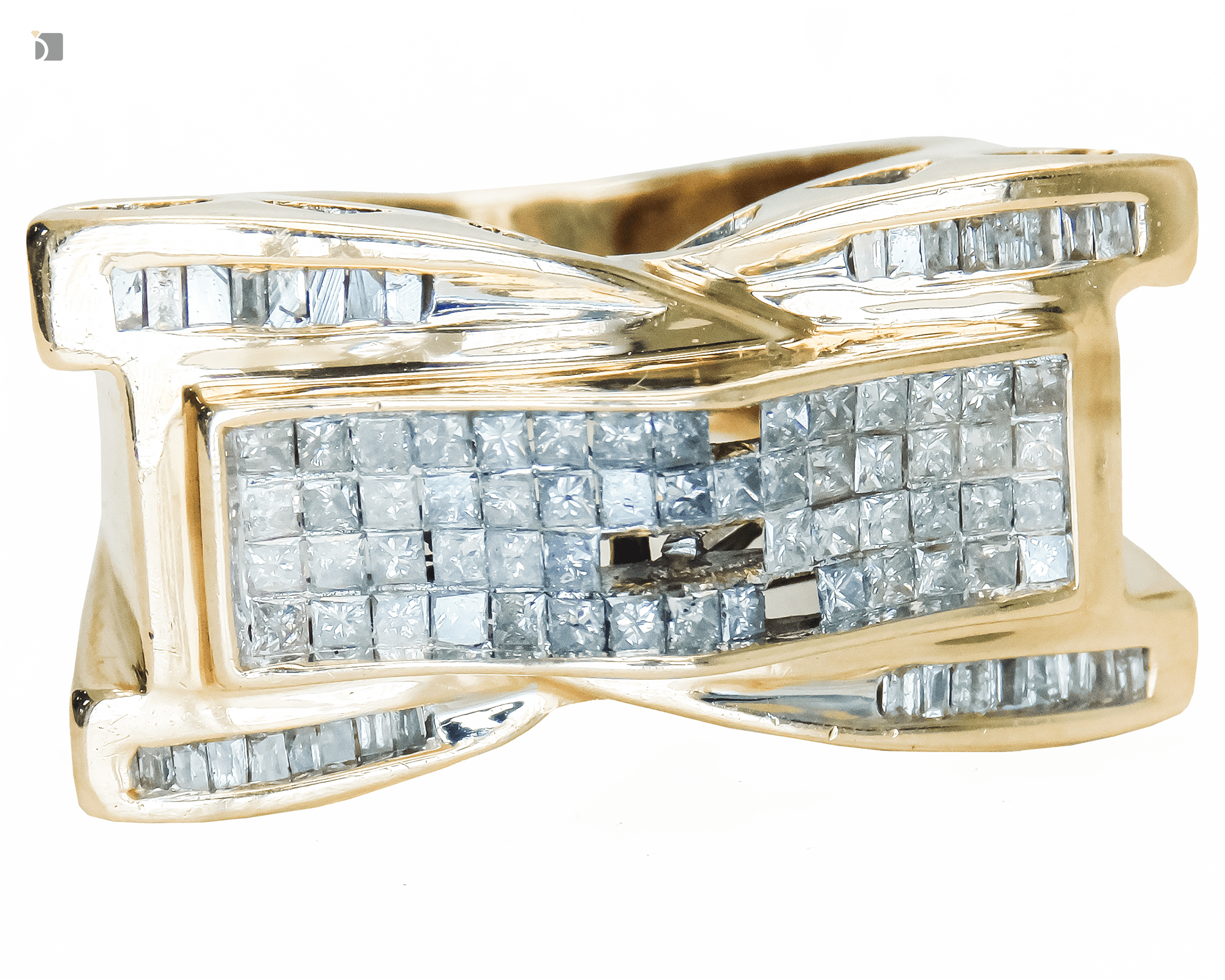 Before #174 Close up Front View of Invisible Set Diamond Ring With Missing Diamond Gemstones