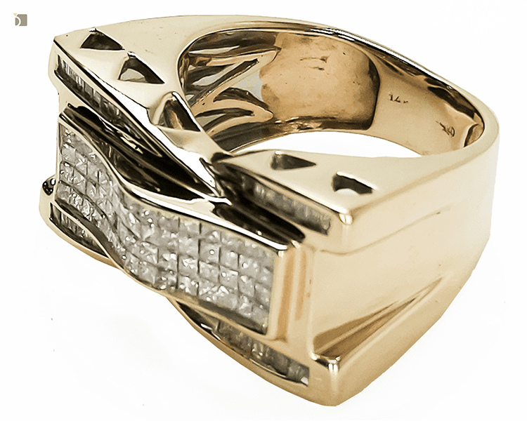 After #174 Angled View of Invisibly Set Diamond Ring Restored with New Stones and Professional Invisible Setting Services