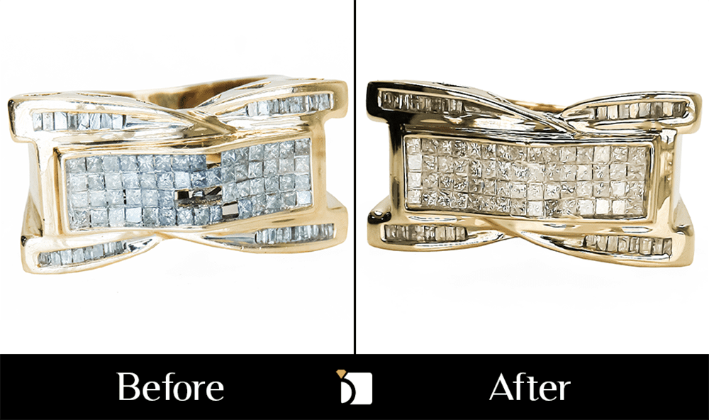 Before & After #174 14kt Invisible Setting Diamond Ring With Missing Diamonds Restored by Master Jewelers