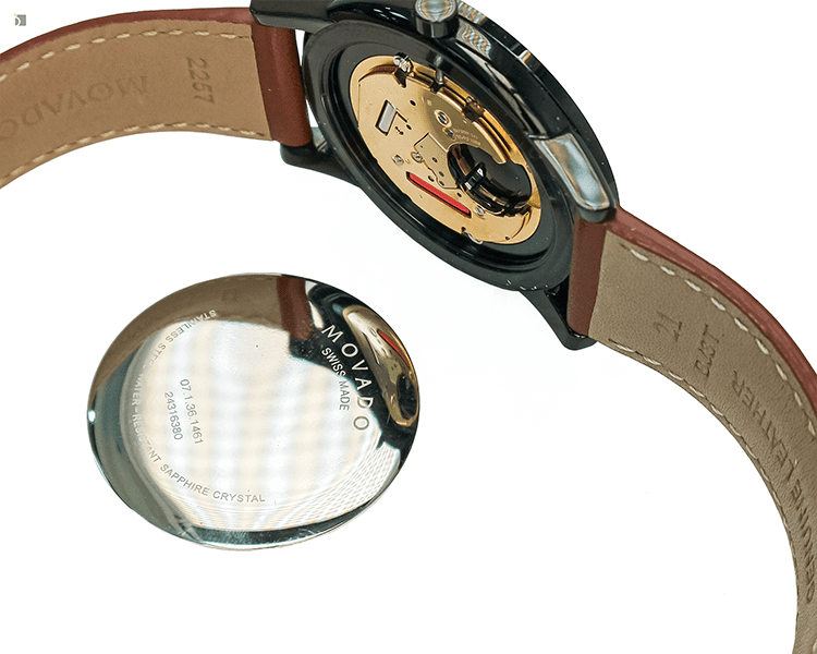 Before #175 Detailed Case Back and Movement of Shattered Black Movado Museum Watch Prior to Restoration