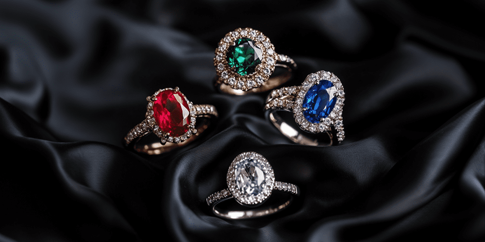 Precious Ruby Gemstone Ring, Emerald Gemstone Ring, Sapphire Gemstone Ring, and Diamond Gemstone Ring Displayed Together on Black Silk