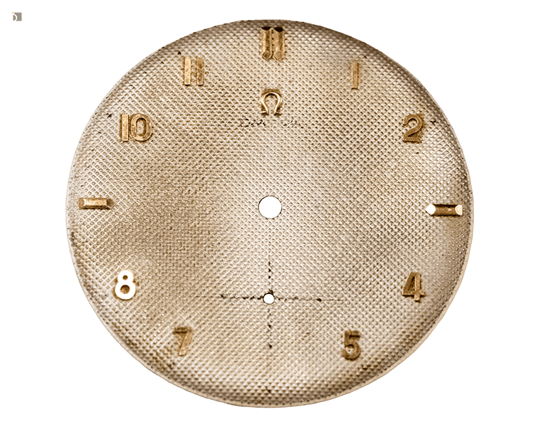 Before #176 Isolated View of Vintage Omega Watch Dial Prior to Refinishing Services by Kirk Rich Dial