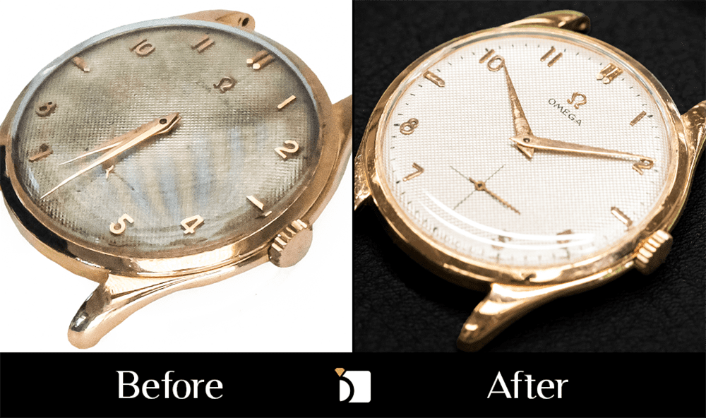 Before & After #176 Vintage Omega Watch Timepiece Face Restored by Skilled Watch Technicians